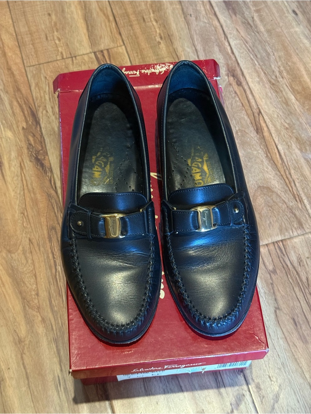 Vintage Ferragamo Black Leather Loafers with Gold Bit size 7.5 EE